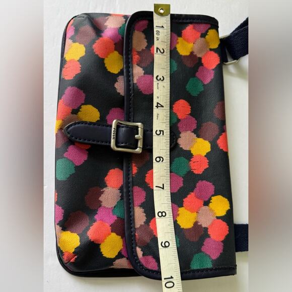 Fossil Keyper Mini Crossbody Navy Multicolored Polka Dot Coated Canvas Bag - Picture 5 of 12